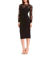Dress the Population Illusion Long Sleeve Mesh Applique Midi Dress