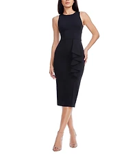 Dress the Population Ines Crew Neck Sleeveless Ruffle Front Crepe Midi Dress