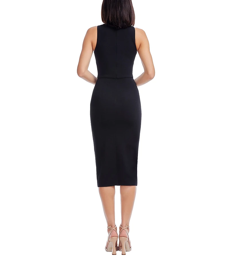 Dress the Population Ines Crew Neck Sleeveless Ruffle Front Crepe Midi Dress
