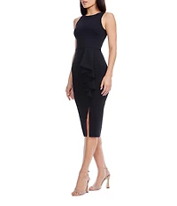 Dress the Population Ines Crew Neck Sleeveless Ruffle Front Crepe Midi Dress