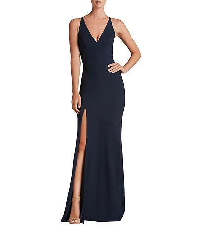 Dress the Population Iris Crepe Plunge V-Neck Thigh High Slit Sleeveless Gown