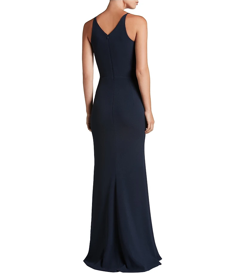 Dress the Population Iris Crepe Plunge V-Neck Thigh High Slit Sleeveless Gown