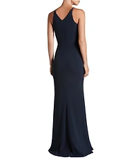 Dress the Population Iris Crepe Plunge V-Neck Thigh High Slit Sleeveless Gown
