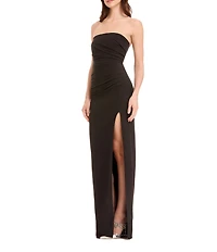 Dress the Population Jasmine Strapless Ruched High Slit Sheath Gown