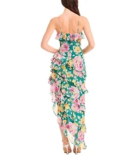 Dress the Population Josefina V-Neck Strapless Floral Print Georgette Ruffle Asymmetrical Maxi Dress