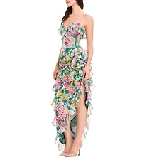 Dress the Population Josefina V-Neck Strapless Floral Print Georgette Ruffle Asymmetrical Maxi Dress