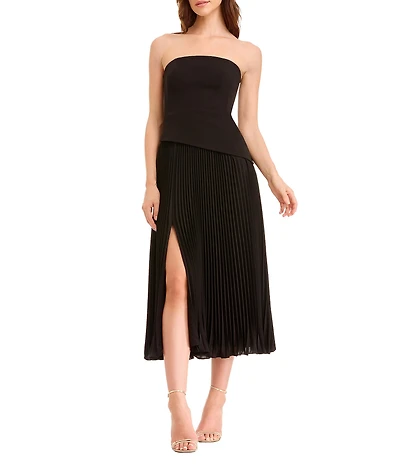 Dress the Population Kacey Strapless Asymmetrical Bodice Pleated Skirt Front Slit Midi Dress