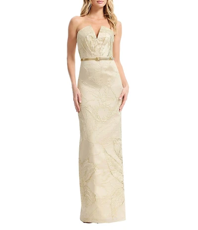 Dress the Population Kahlani Metallic Jacquard Strapless Split V-Neck Belted Sheath Long Gown