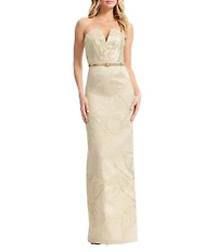 Dress the Population Kahlani Metallic Jacquard Strapless Split V-Neck Belted Sheath Long Gown