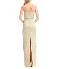 Dress the Population Kahlani Metallic Jacquard Strapless Split V-Neck Belted Sheath Long Gown