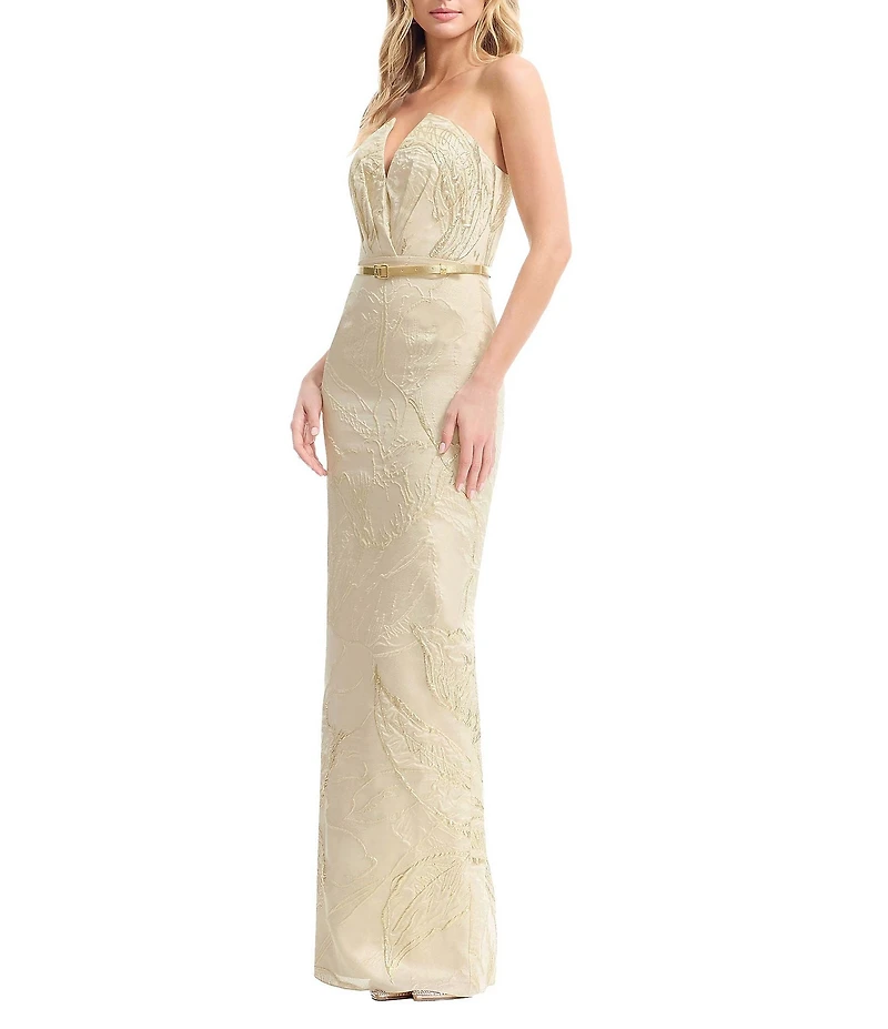 Dress the Population Kahlani Metallic Jacquard Strapless Split V-Neck Belted Sheath Long Gown