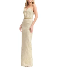 Dress the Population Kahlani Metallic Jacquard Strapless Split V-Neck Belted Sheath Long Gown