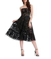 Dress the Population Kailyn 3D Floral Applique Mesh Strapless Fit & Flare Midi Dress