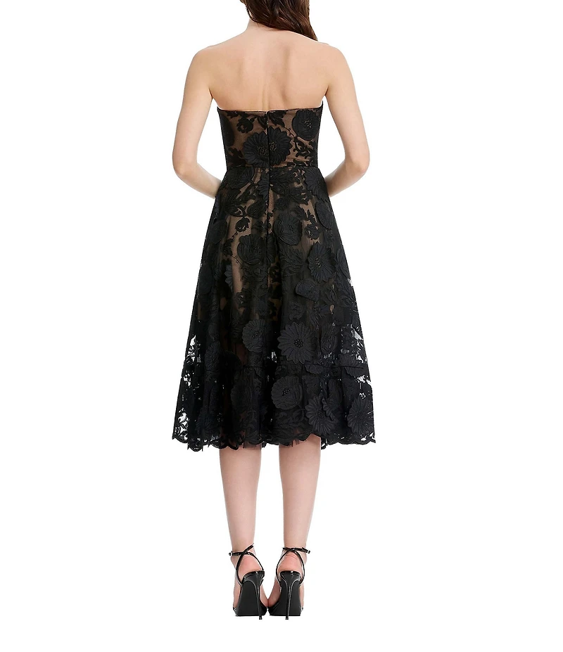 Dress the Population Kailyn 3D Floral Applique Mesh Strapless Fit & Flare Midi Dress