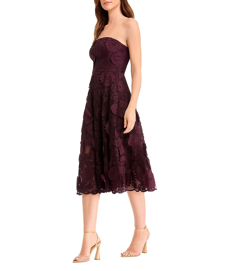 Dress the Population Kailyn 3D Floral Applique Mesh Strapless Fit & Flare Midi Dress