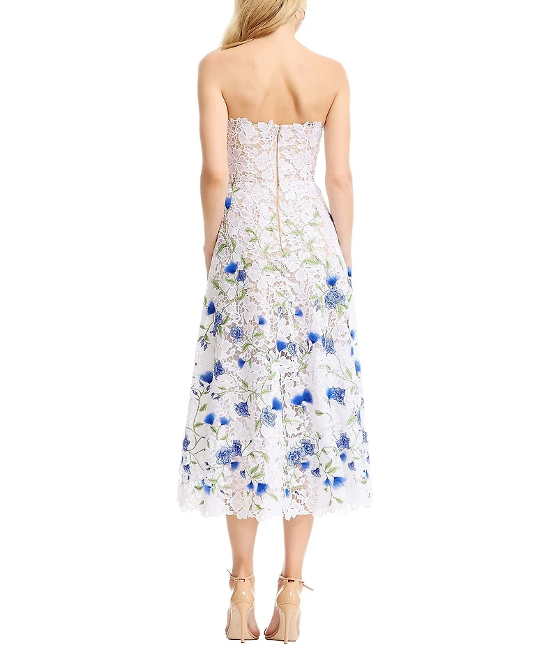Dress the Population Kailyn Strapless Lace Floral Midi Dress