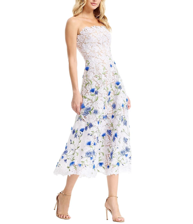 Dress the Population Kailyn Strapless Lace Floral Midi Dress