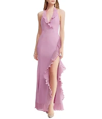 Dress the Population Kathleen Halter Neck Sleeveless Pleated Ruffle Crepe Gown