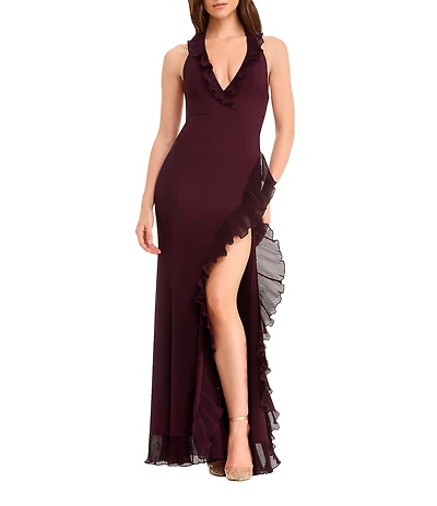Dress the Population Kathleen Halter Neck Sleeveless Pleated Ruffle Crepe Gown