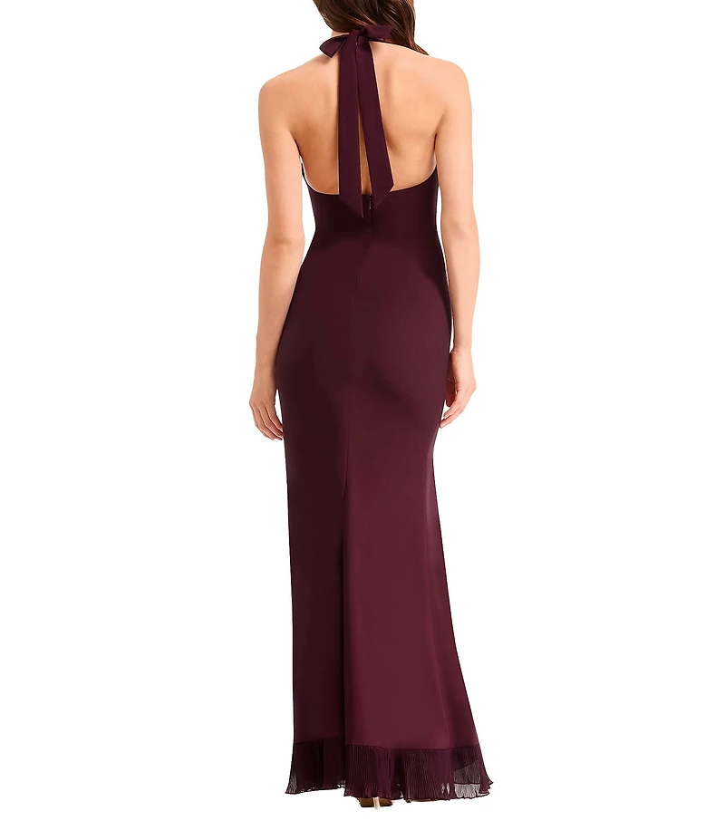 Dress the Population Kathleen Halter Neck Sleeveless Pleated Ruffle Crepe Gown