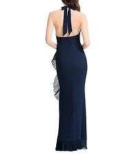 Dress the Population Kathleen Halter Neck Sleeveless Pleated Ruffle Crepe Gown