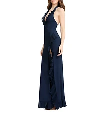 Dress the Population Kathleen Halter Neck Sleeveless Pleated Ruffle Crepe Gown