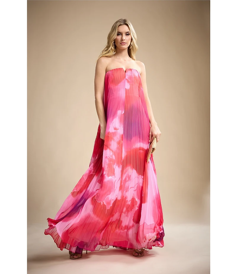 Dress the Population Kelston Strapless Pleated Printed Chiffon Shift Dress