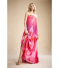 Dress the Population Kelston Strapless Pleated Printed Chiffon Shift Dress