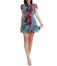 Dress the Population Kenley Round Neck Short Sleeve Floral Print Chiffon Blouson Dress