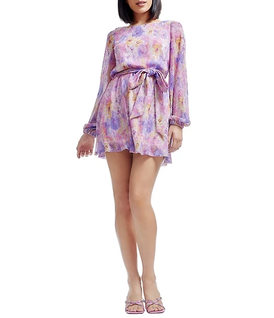Dress the Population Kirsi Metallic Floral Print Crew Neck Long Sleeve Belted Waist Tie Blouson Mini Dress