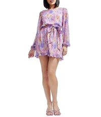 Dress the Population Kirsi Metallic Floral Print Crew Neck Long Sleeve Belted Waist Tie Blouson Mini Dress