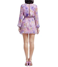 Dress the Population Kirsi Metallic Floral Print Crew Neck Long Sleeve Belted Waist Tie Blouson Mini Dress