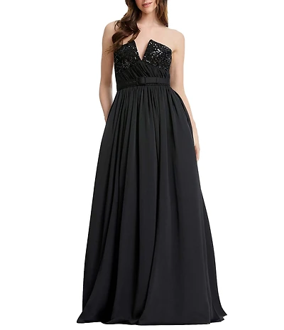 Dress the Population Kristine Satin Strapless V-Neck A-Line Gown
