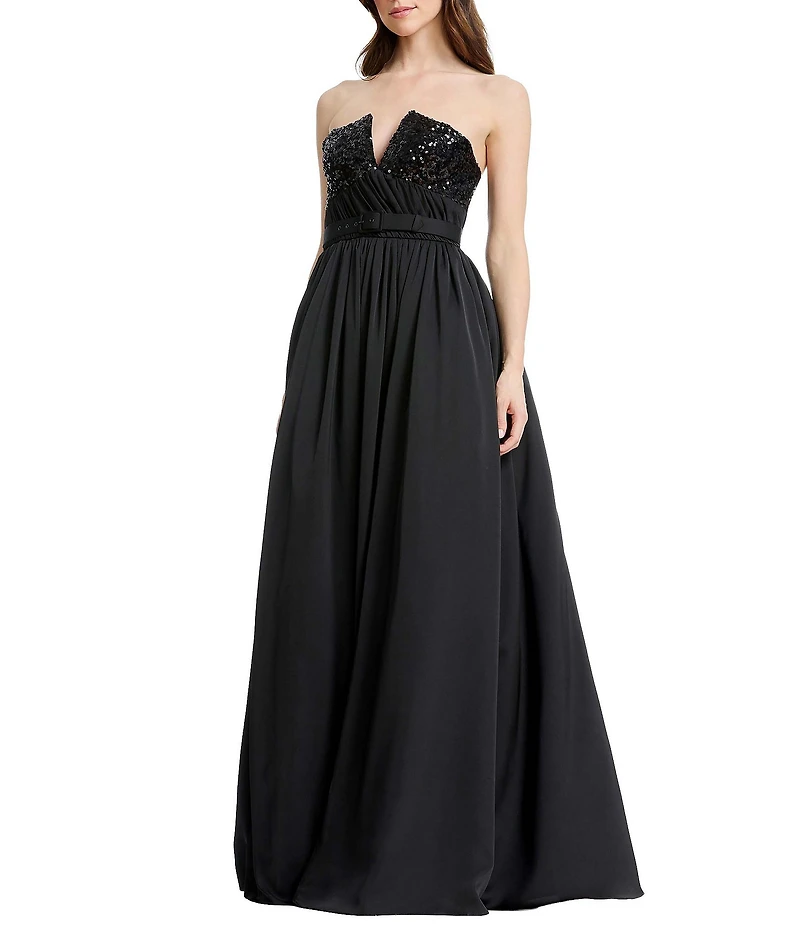 Dress the Population Kristine Satin Strapless V-Neck A-Line Gown