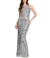 Dress the Population Laney Crew Illusion Neck Sleeveless Sequin Sheath Gown