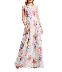 Dress the Population Leandra Chiffon One Shoulder Pleated Floral Long Dress