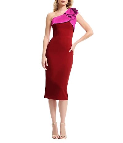 Dress the Population Lennon One Shoulder Ruffle Bodycon Midi Dress