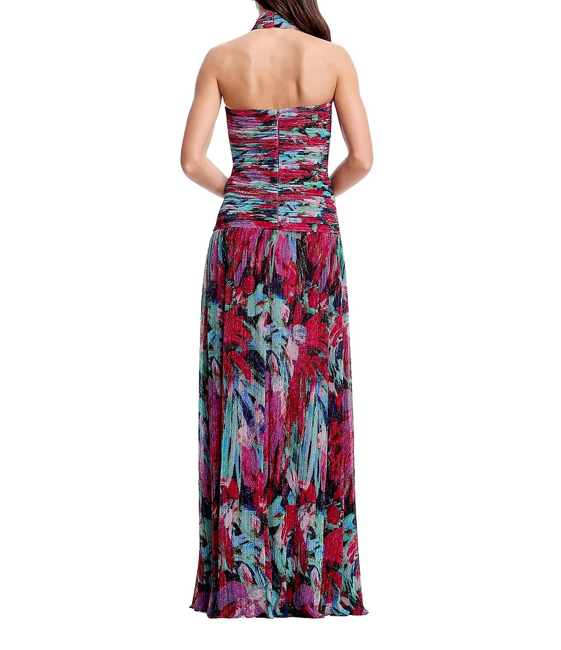 Dress the Population Lillian Ruched Printed Long Halter Dress
