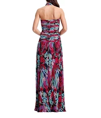 Dress the Population Lillian Ruched Printed Long Halter Dress