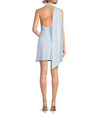 Dress the Population Lily 3D Floral Scarf Halter Satin Mini Dress