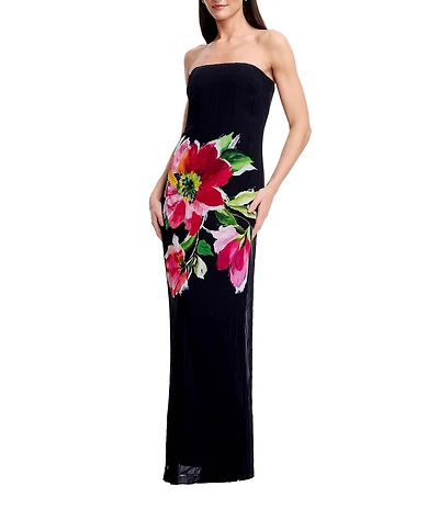 Dress the Population Linda Floral Motif Strapless Column Shift Maxi Dress