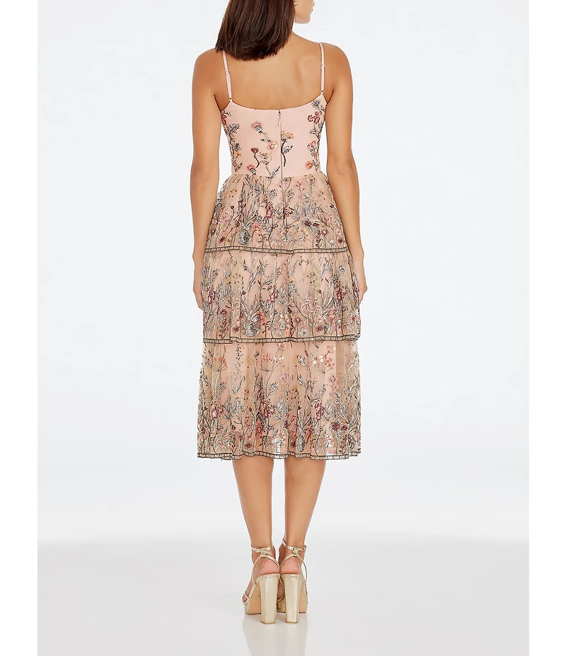 Dress the Population Loretta Floral Beaded Embroidered Sleeveless Tiered Midi Dress