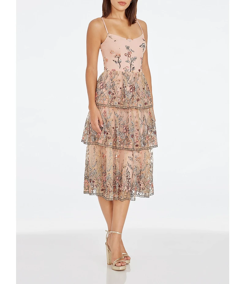 Dress the Population Loretta Floral Beaded Embroidered Sleeveless Tiered Midi Dress