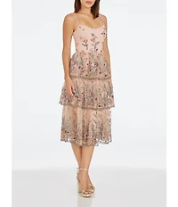 Dress the Population Loretta Floral Beaded Embroidered Sleeveless Tiered Midi Dress