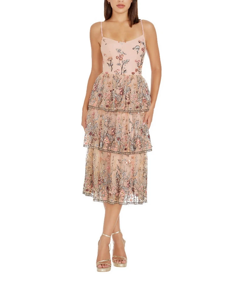 Dress the Population Loretta Floral Beaded Embroidered Sleeveless Tiered Midi Dress