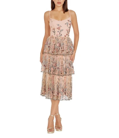 Dress the Population Loretta Floral Beaded Embroidered Sleeveless Tiered Midi Dress