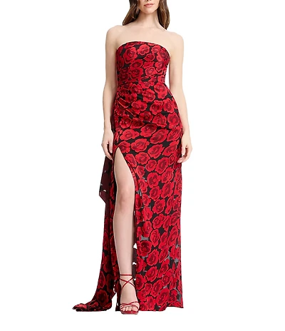 Dress The Population Lulu Burnout Floral Print Strapless Draped Thigh Slit A-Line Column Gown