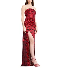 Dress The Population Lulu Burnout Floral Print Strapless Draped Thigh Slit A-Line Column Gown