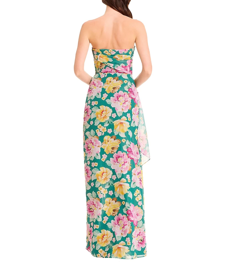 Dress the Population Lulu Strapless Side Ruched Metallic Floral Chiffon Column Gown