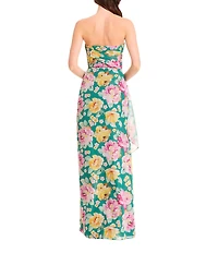 Dress the Population Lulu Strapless Side Ruched Metallic Floral Chiffon Column Gown
